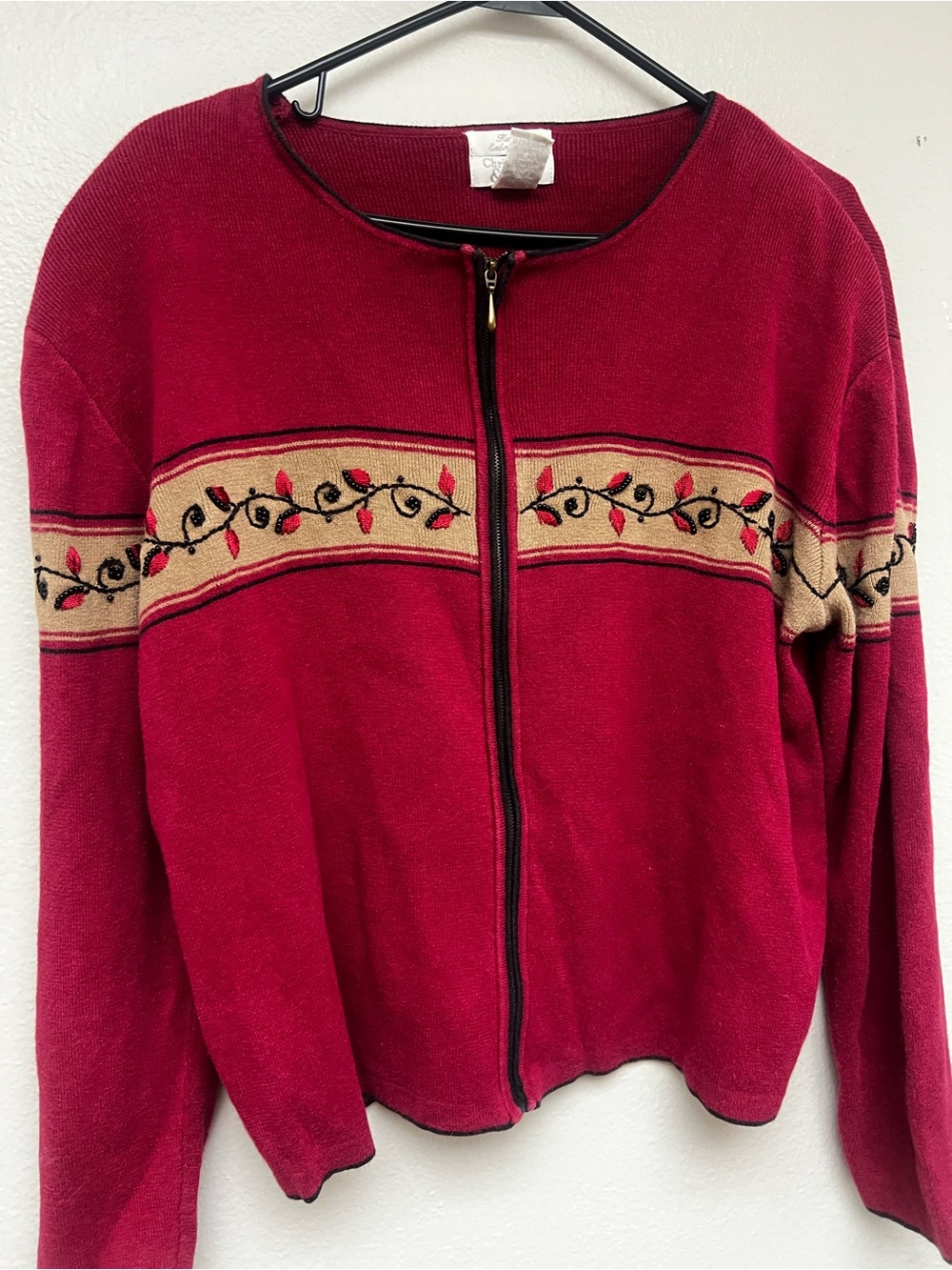 Christopher & Banks Red Christmas Zipper Sweater Hand Embroidered Sz XL Vintage